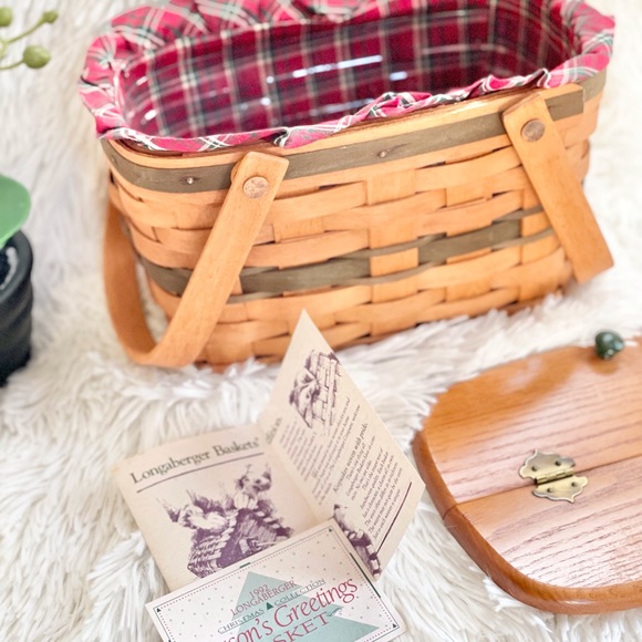 Vtg Longaberger Seasons Greetings Basket w/Liner Protector 1992 Christmas green - Picture 10 of 16